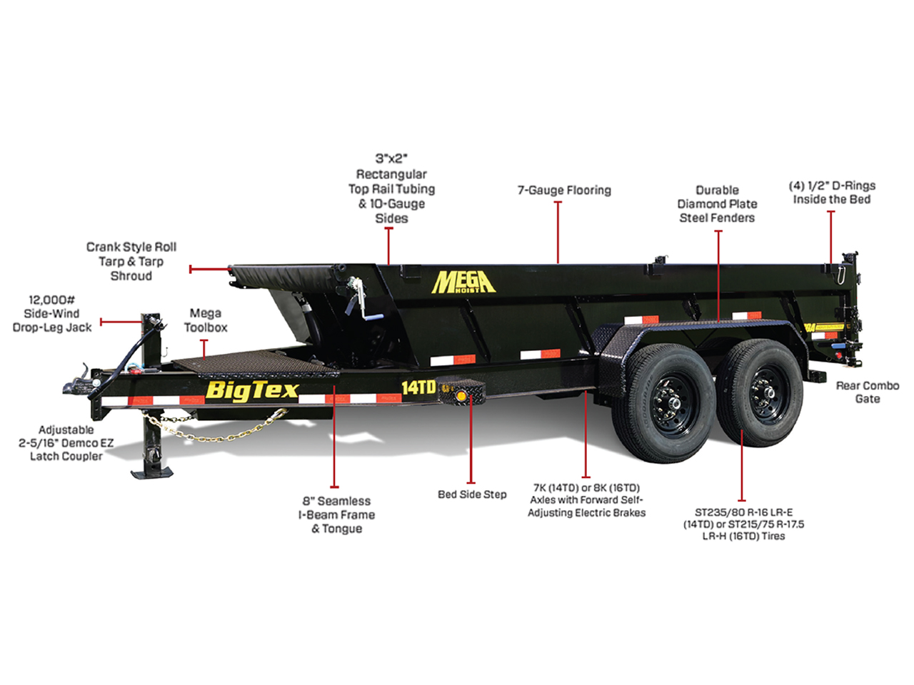 Big Tex 7x14 14K Telescopic Dump High Sides Trailer 14TD Big Tex Trailer 14TD-14C4A-BK