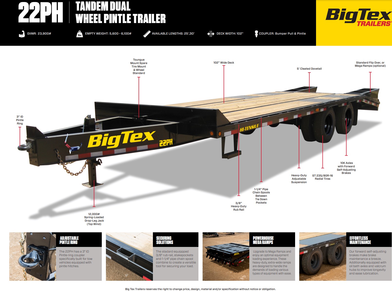 Big Tex 22 PH 20+5  20K Mega Ramp Pintle Hook Flatbed Trailer 22PH Big Tex Trailer 22PH 20BK+5MR